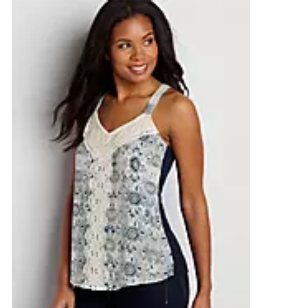 Maurice’s knit tank with patterned chiffon front & crocheted overlay size medium